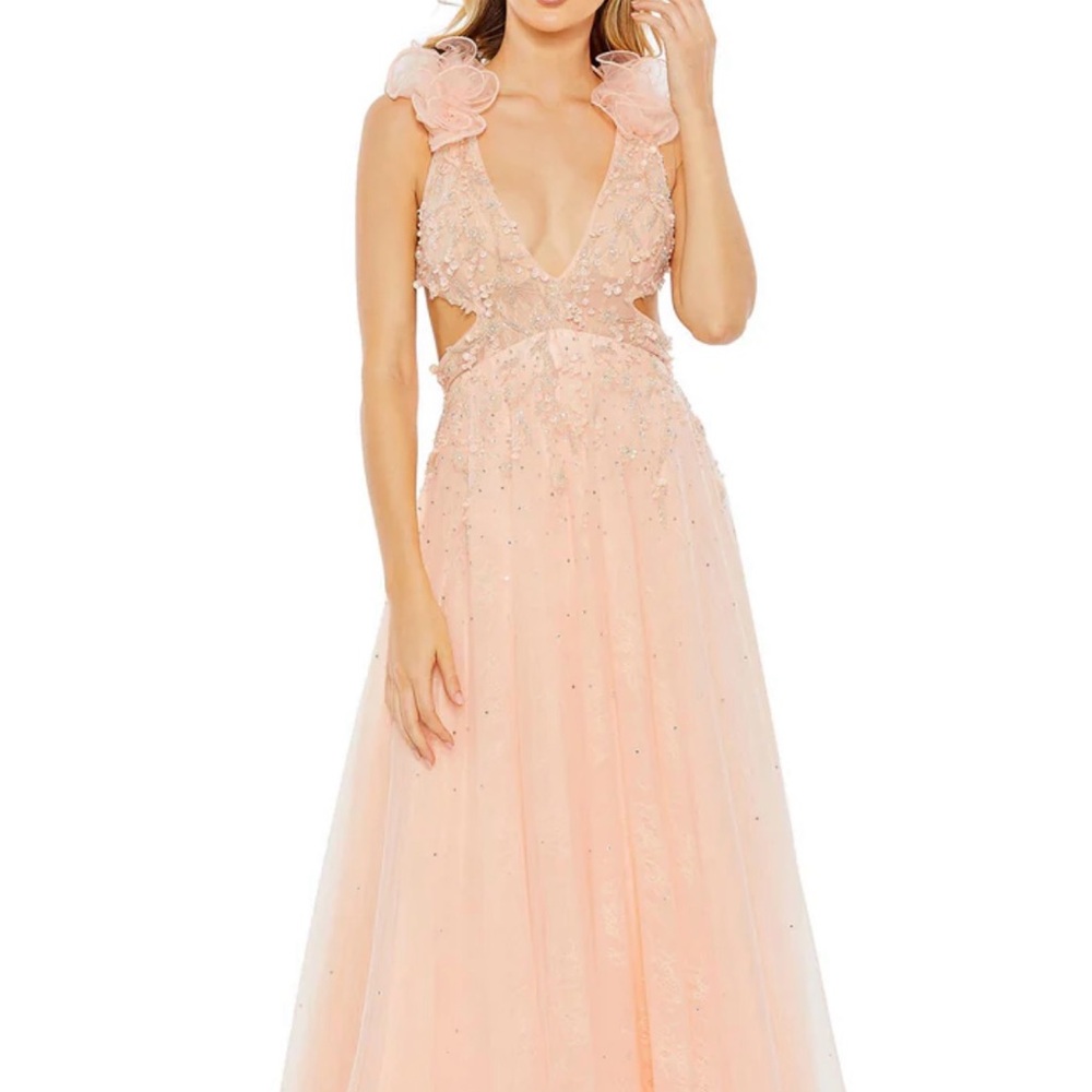 Mac Duggal EMBELLISHED RUFFLE SHOULDER CUT OUT A LINE GOWN
